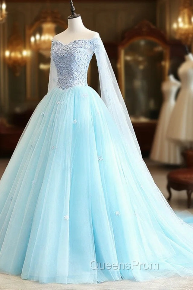 Blue Sweetheart Neck Tulle Lace Long Evening Prom Dress, Blue Evening Dress