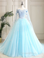 Blue Sweetheart Neck Tulle Lace Long Evening Prom Dress, Blue Evening Dress