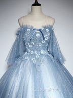Blue Sweetheart Neck Tulle Lace Long Evening Prom Dress, Blue Evening Dress