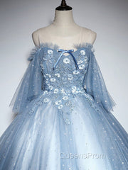 Blue Sweetheart Neck Tulle Lace Long Evening Prom Dress, Blue Evening Dress