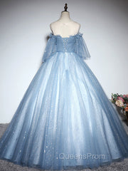 Blue Sweetheart Neck Tulle Lace Long Evening Prom Dress, Blue Evening Dress