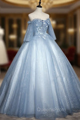 Blue Sweetheart Neck Tulle Lace Long Evening Prom Dress, Blue Evening Dress