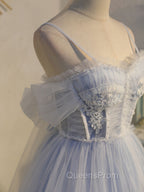 Blue sweetheart neck tulle lace short Evening Prom Dress blue puffy homecoming Dress