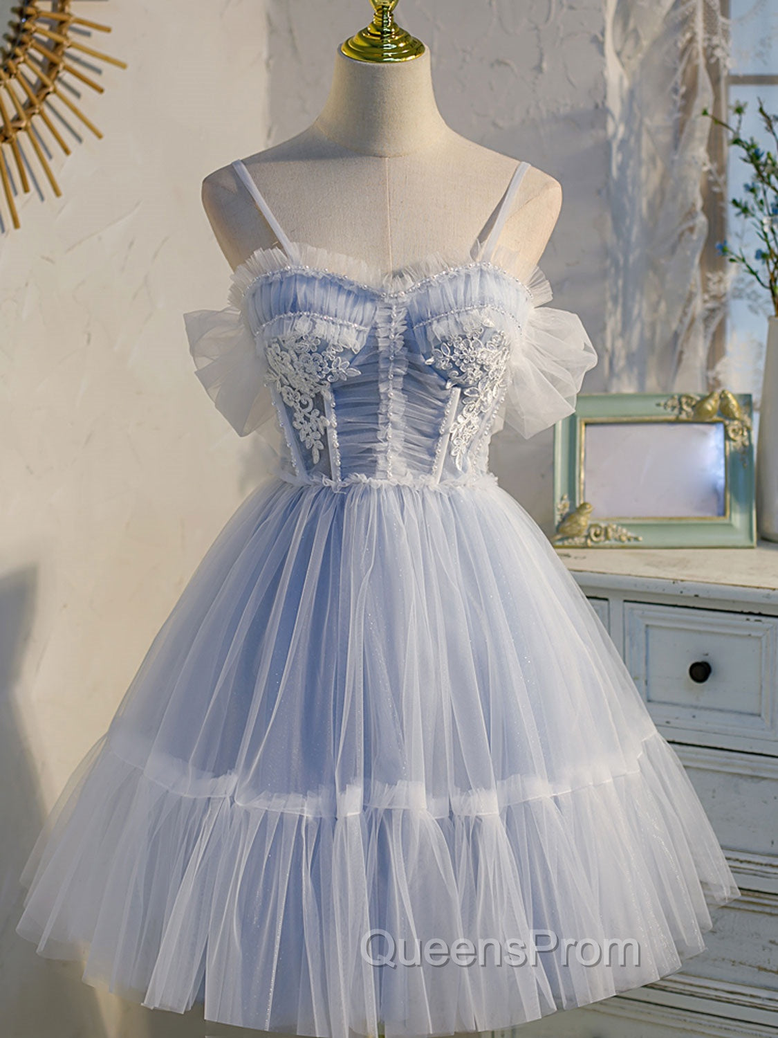 Blue sweetheart neck tulle lace short Evening Prom Dress blue puffy homecoming Dress Main image