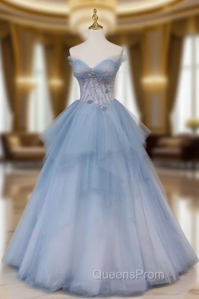 Blue Sweetheart Neck Tulle Long Evening Prom Gown, Blue Long Evening Graduation Dress