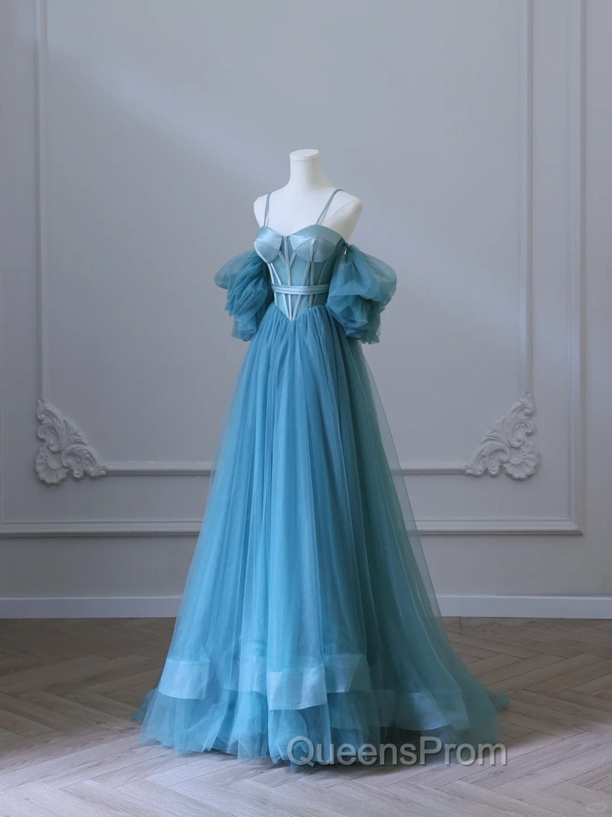 Blue Sweetheart Off Shoulder Long Party Dress, Blue Tulle Evening Prom Dress Secondary image