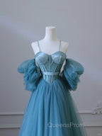 Blue Sweetheart Off Shoulder Long Party Dress, Blue Tulle Evening Prom Dress
