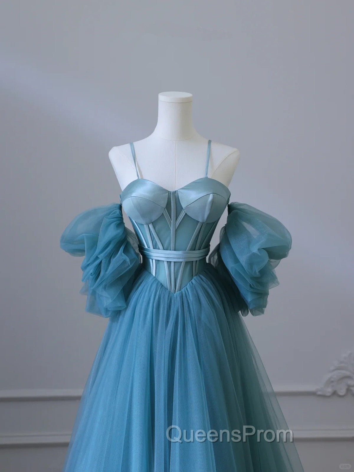 Blue Sweetheart Off Shoulder Long Party Dress, Blue Tulle Evening Prom Dress