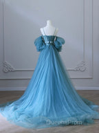 Blue Sweetheart Off Shoulder Long Party Dress, Blue Tulle Evening Prom Dress