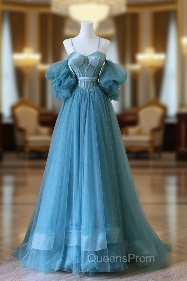 Blue Sweetheart Off Shoulder Long Party Dress, Blue Tulle Evening Prom Dress Main image