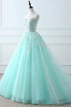 Blue Sweetheart Puffy Tulle Classy Prom with Lace Appliques Long Graduation Dress
