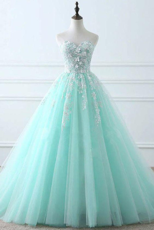 Blue Sweetheart Puffy Tulle Classy Prom with Lace Appliques Long Graduation Dress Main image