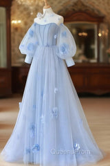 Blue Sweetheart Tulle 3D Flower Long Evening Prom Dress, Blue Evening Dress