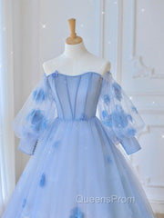 Blue Sweetheart Tulle 3D Flower Long Evening Prom Dress, Blue Evening Dress