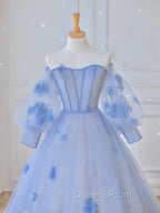 Blue Sweetheart Tulle 3D Flower Long Evening Prom Dress, Blue Evening Dress