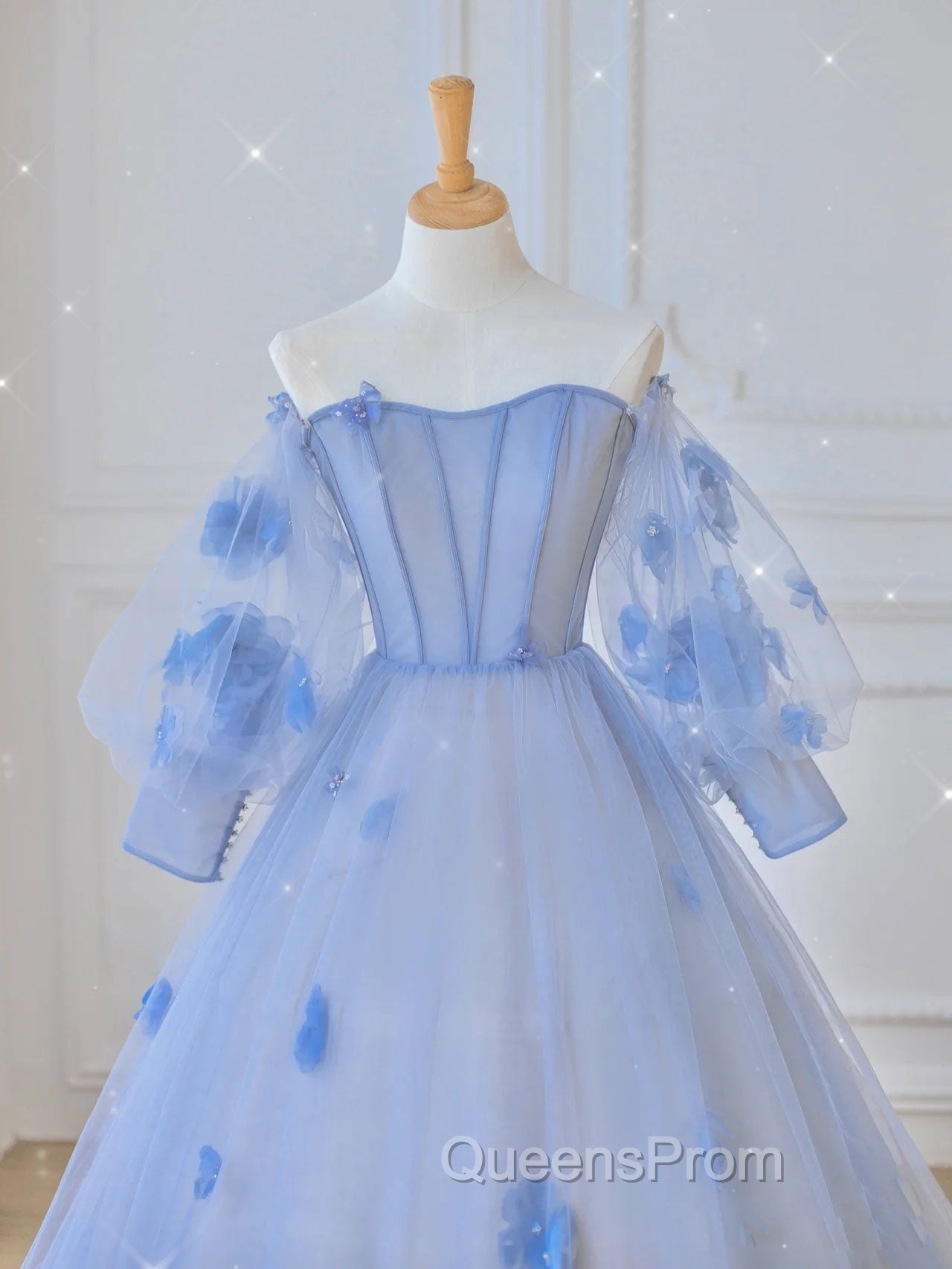 Blue Sweetheart Tulle 3D Flower Long Evening Prom Dress, Blue Evening Dress