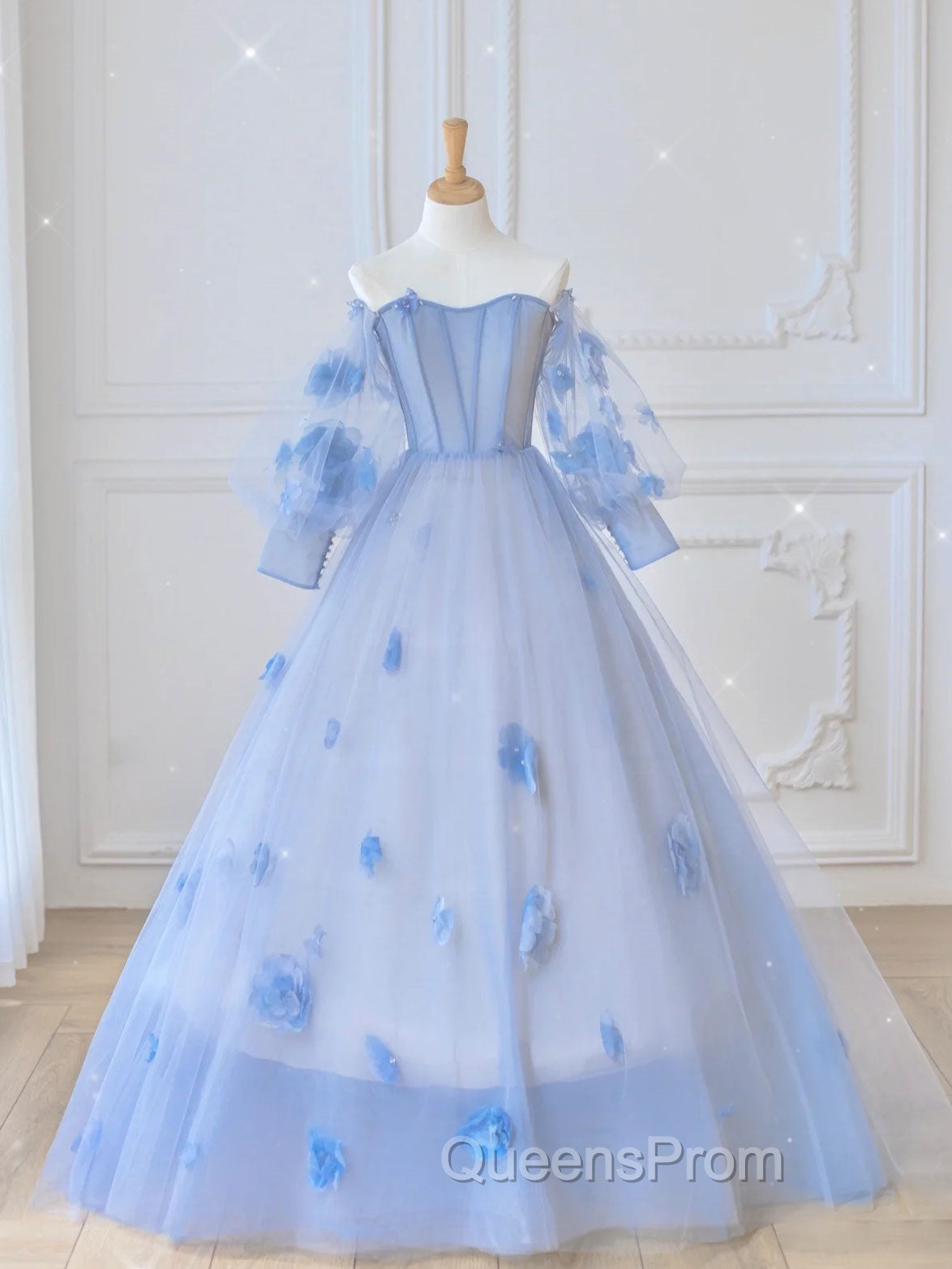 Blue Sweetheart Tulle 3D Flower Long Evening Prom Dress, Blue Evening Dress Main image