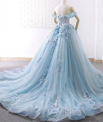 Blue Sweetheart Tulle Lace Long Evening Prom Dress, Blue Wedding Dress