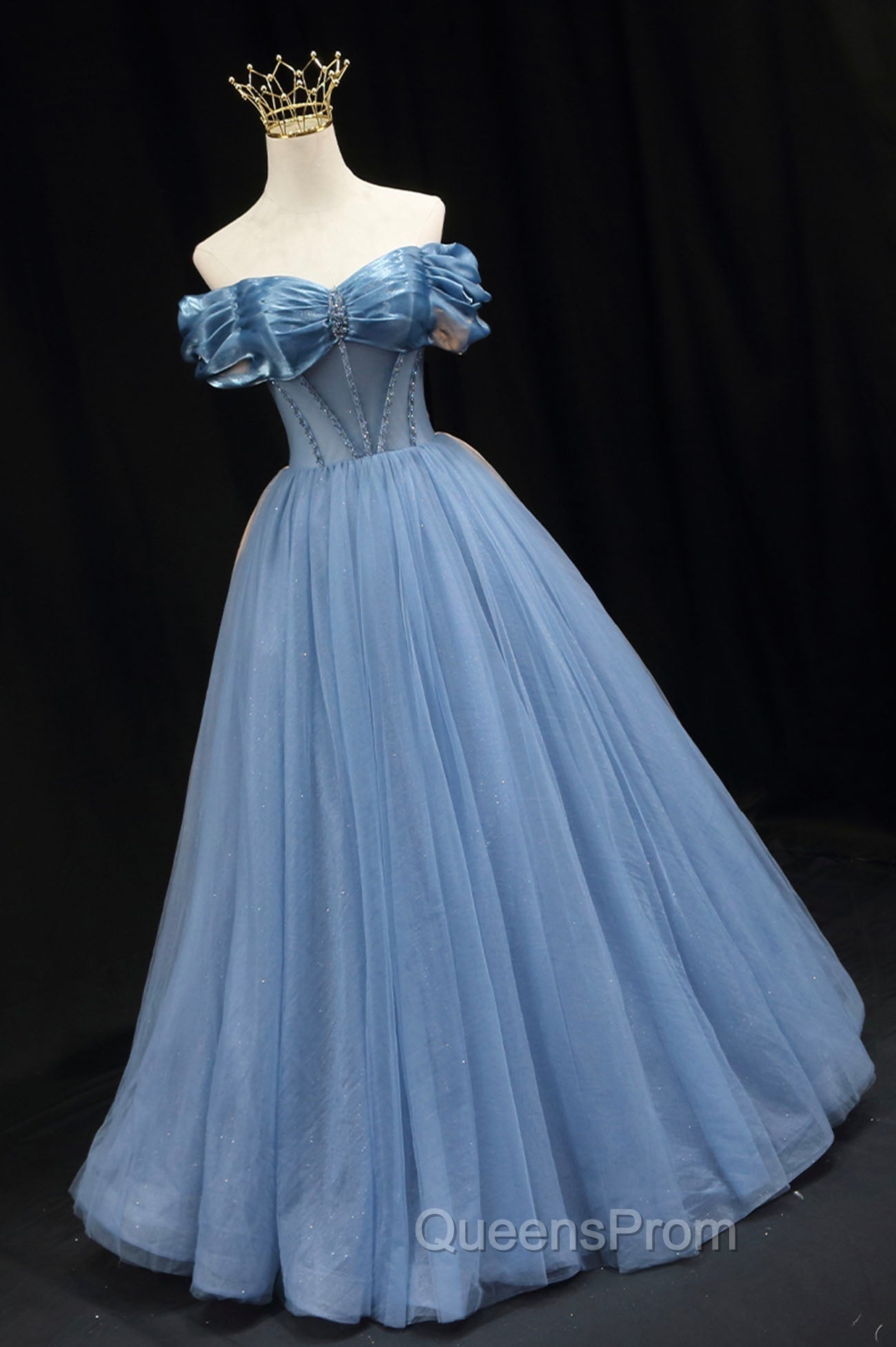 Blue Sweetheart Tulle Long Evening Dress, Off the Shoulder Evening Graduation Dress Secondary image