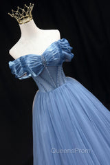 Blue Sweetheart Tulle Long Evening Dress, Off the Shoulder Evening Graduation Dress