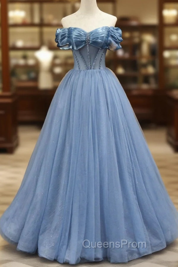 Blue Sweetheart Tulle Long Evening Dress, Off the Shoulder Evening Graduation Dress Main image