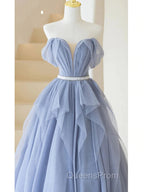 Blue Sweetheart Tulle Off-the-Shoulder Floor-Length Evening Prom Dress, Blue Evening Gown
