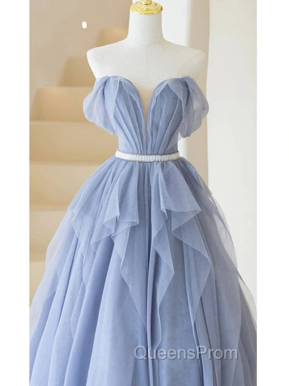 Blue Sweetheart Tulle Off-the-Shoulder Floor-Length Evening Prom Dress, Blue Evening Gown