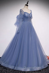 Blue sweetheart tulle sequin long Evening Prom Dress blue formal Dress