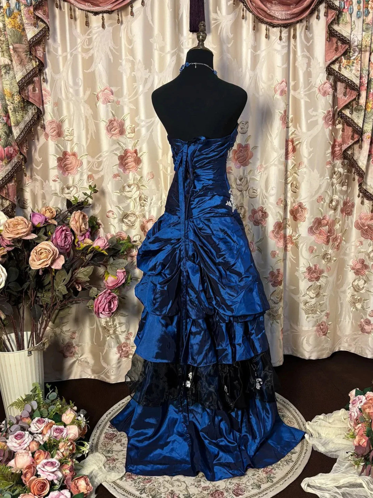 Blue Taffeta With Lace Strapless Long Classy Dress, Blue Taffeta Sweetheart Classy Prom Dress