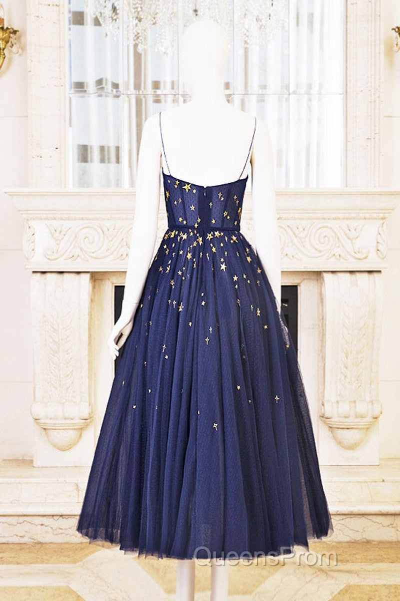 Blue Tea Length Tulle Evening Prom Dress, Blue Tulle Bridesmaid Dress