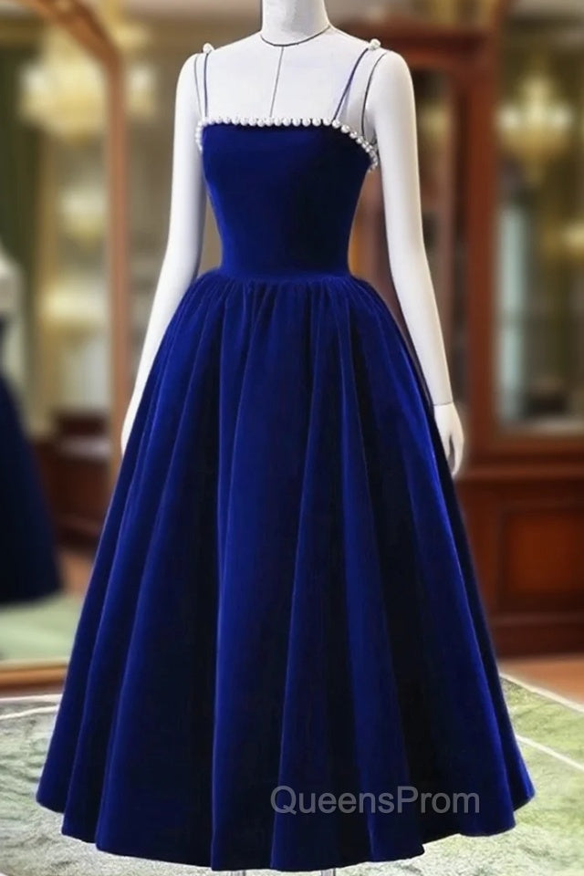Blue Tea Length Velvet Straps Pearls Evening Dress, Blue Homecoming Dress Main image