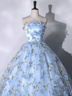 Blue Tulle 3 D Applique Long Evening Prom Dress, Blue Formal Evening Dress