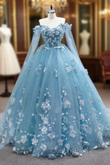Blue Tulle 3D Appliques Off the Shoulder Evening Prom Dress