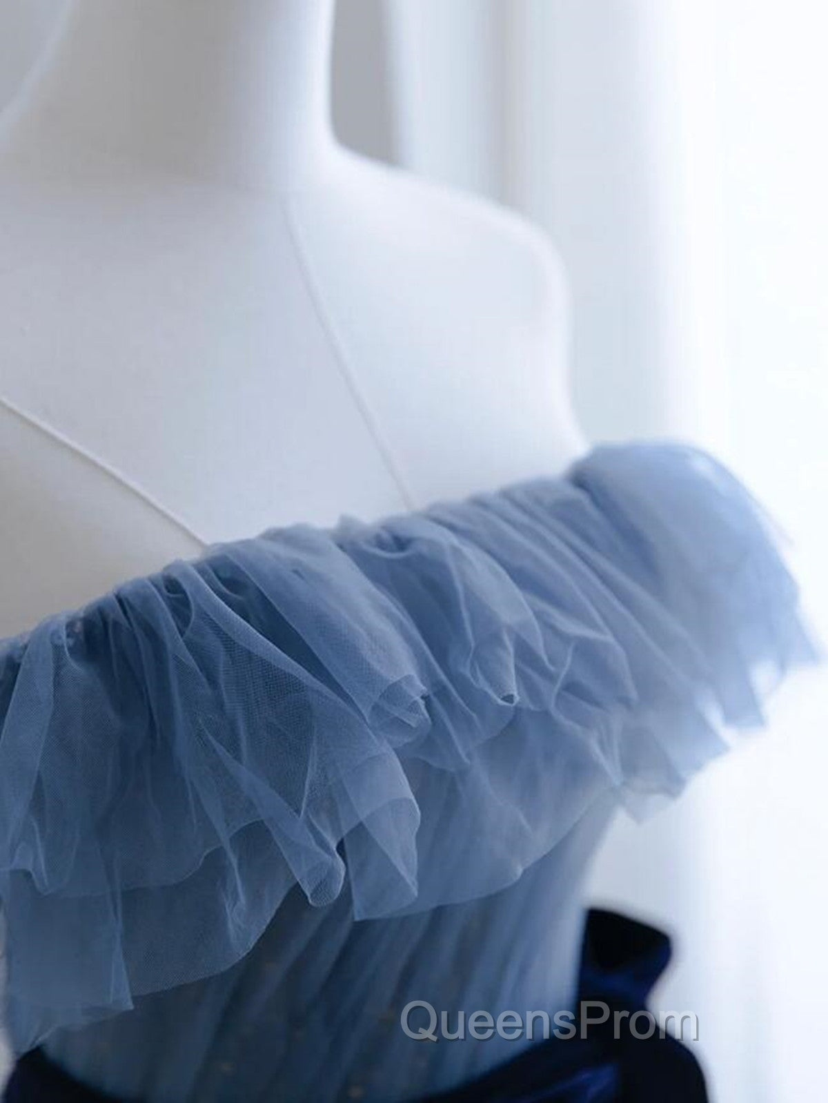 Blue Tulle A-Line Off Shoulder Long Party Dress, Blue Scoop Evening Prom Dress Evening Dress Secondary image