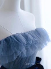 Blue Tulle A-Line Off Shoulder Long Party Dress, Blue Scoop Evening Prom Dress Evening Dress