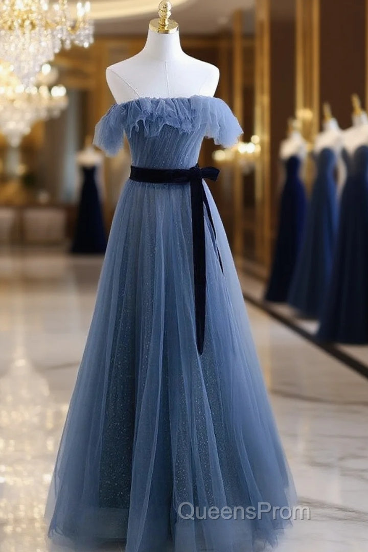 Blue Tulle A-Line Off Shoulder Long Party Dress, Blue Scoop Evening Prom Dress Evening Dress Main image
