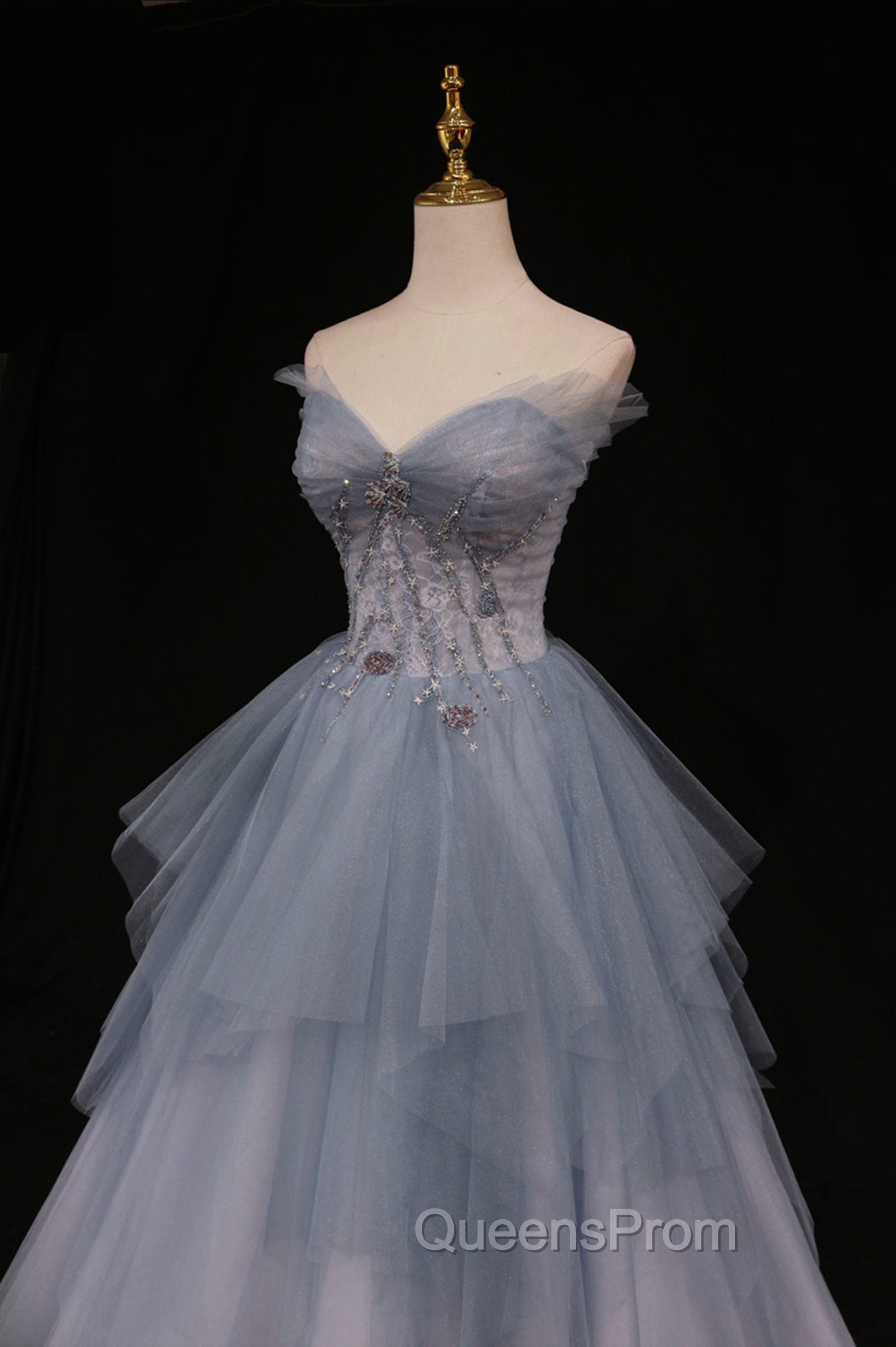 Blue Tulle A-Line Strapless Long Evening Prom Dress, Blue Evening Party Dress Secondary image