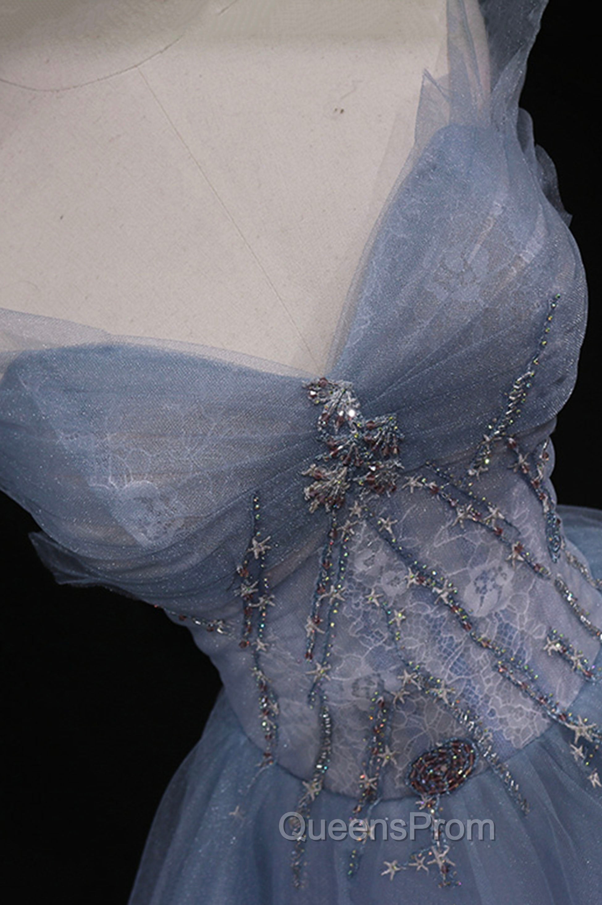 Blue Tulle A-Line Strapless Long Evening Prom Dress, Blue Evening Party Dress