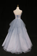 Blue Tulle A-Line Strapless Long Evening Prom Dress, Blue Evening Party Dress
