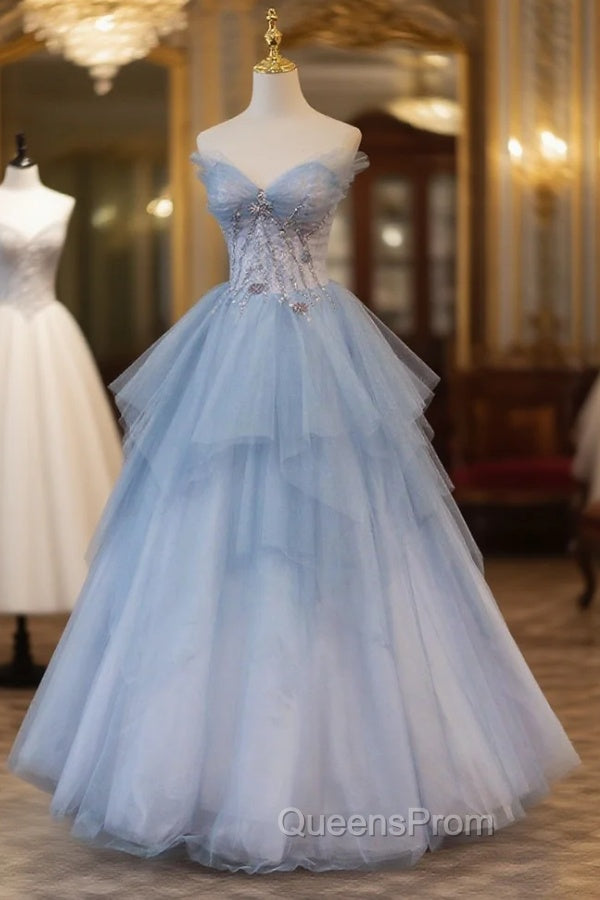 Blue Tulle A-Line Strapless Long Evening Prom Dress, Blue Evening Party Dress Main image
