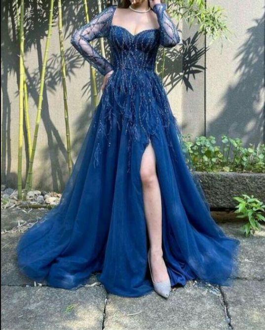 Blue Long Sleeves Slit Classy Prom Dress Long Party Dress Classy Evening Dress Secondary image