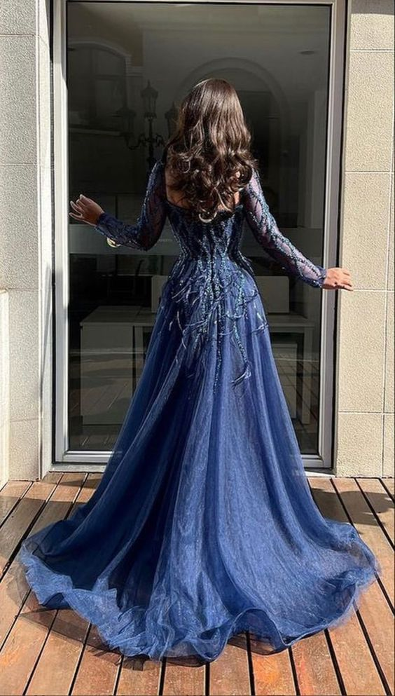 Blue Long Sleeves Slit Classy Prom Dress Long Party Dress Classy Evening Dress