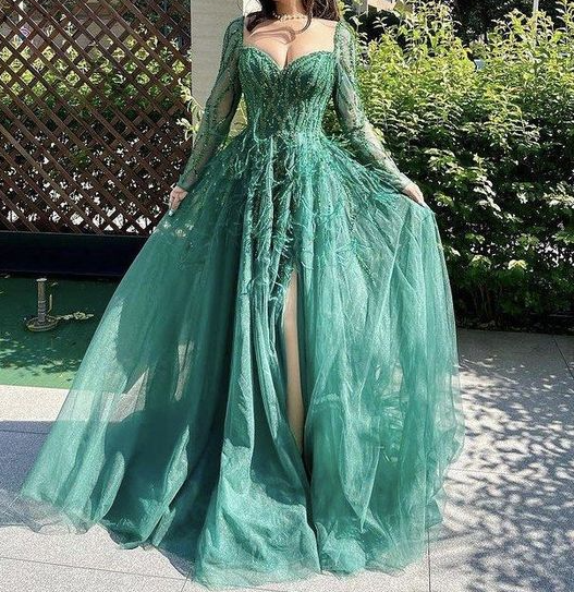 Blue Long Sleeves Slit Classy Prom Dress Long Party Dress Classy Evening Dress