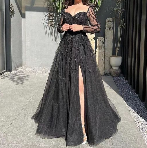 Blue Long Sleeves Slit Classy Prom Dress Long Party Dress Classy Evening Dress