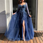 Blue Long Sleeves Slit Classy Prom Dress Long Party Dress Classy Evening Dress