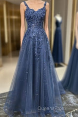 Blue Tulle Applique Long Evening Dress Formal Evening Prom Dress