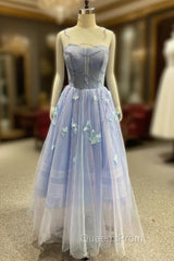 Blue Tulle Appliques Beading Evening Prom Dress
