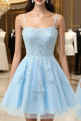 Blue Tulle Appliques Spagehtti Straps Homecoming Dress