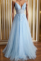 Blue Tulle Appliques Spaghetti Straps Evening Prom Dress
