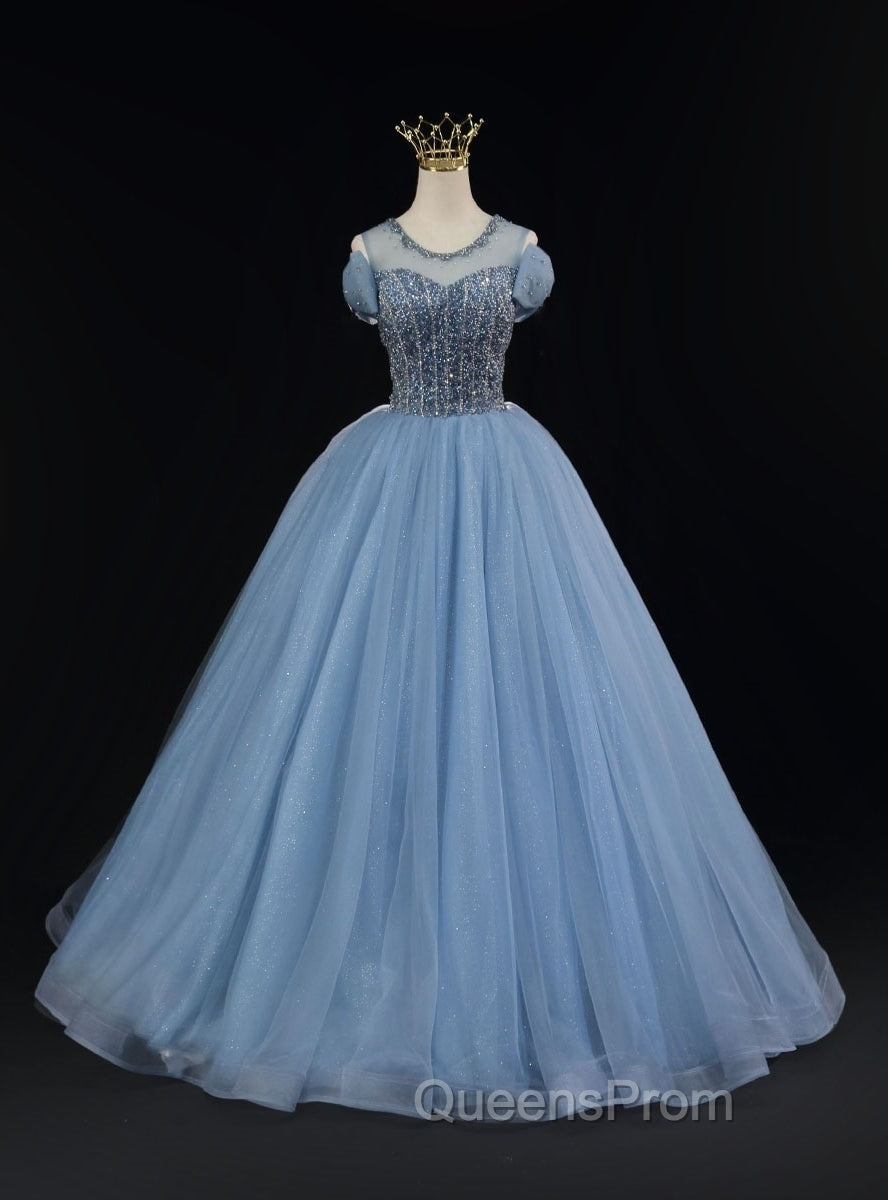 Blue Tulle Backless Beading Bow Evening Prom Dress